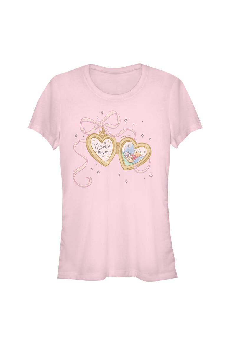 Junior's Winnie the Pooh Bow Heart Locket Bear  Graphic T-Shirt, Main, color, Light Pink