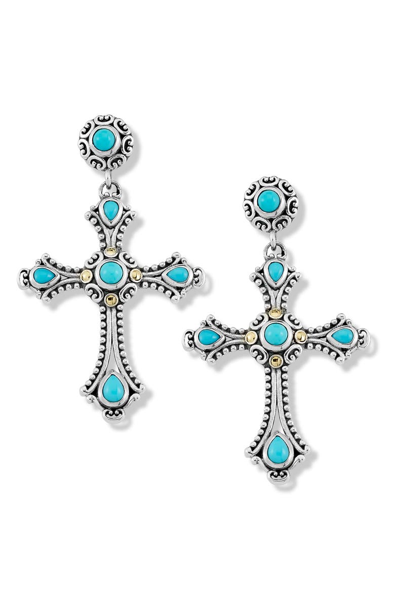 SAMUEL B. Sterling Silver & 18K Gold Turquoise Cross Drop Earrings, Main, color, Turquoise
