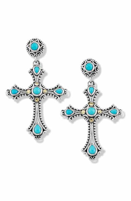 SAMUEL B. Sterling Silver & 18K Gold Turquoise Cross Drop Earrings