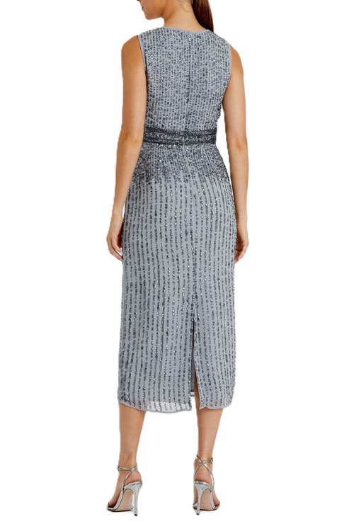 Mac Duggal Sleeveless High Neck Beaded Midi Sheath Dress In Platinum