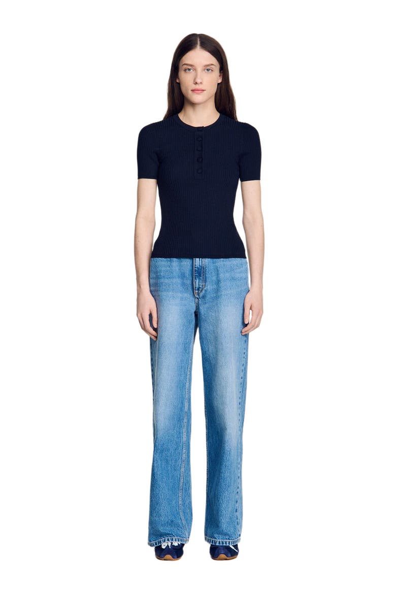 Ribbed short-sleeved sweater, Alternate, color, Navy blue