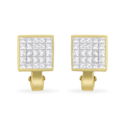 14K Yellow Gold 3-1/5 Cttw Diamond Grid Huggy Style Stud Earring