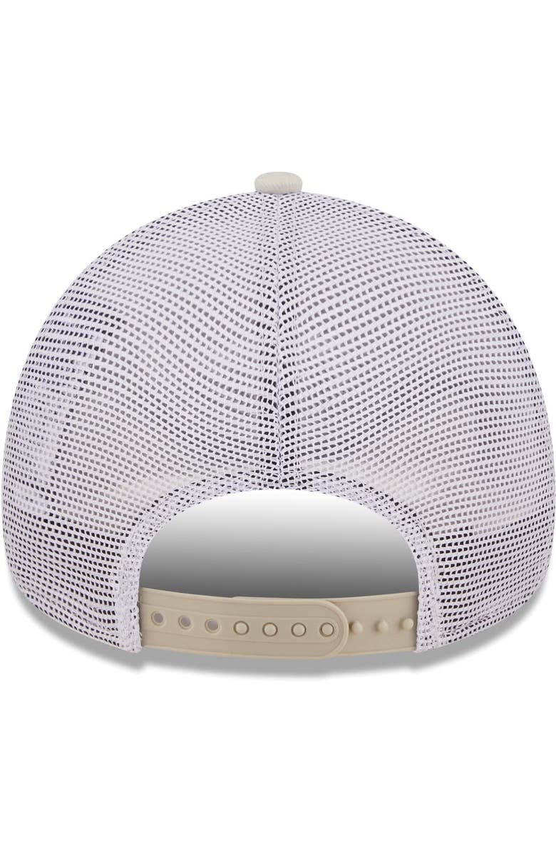 New Era Men's New Era Khaki/White New England Patriots Happy Camper A-Frame Trucker 9FORTY Snapback Hat, Alternate, color, 