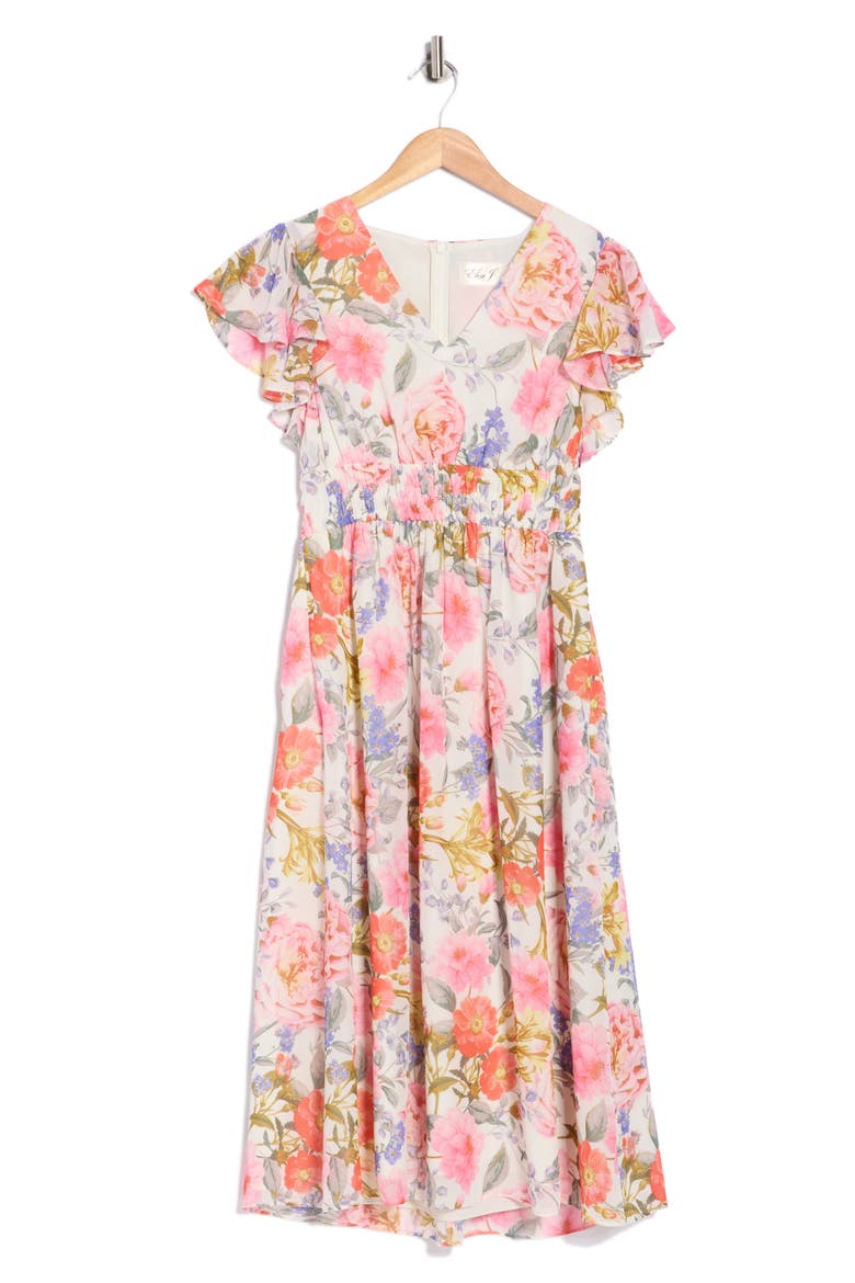 Floral Flutter Sleeve Chiffon Midi Dress, Alternate, color, IVORY MULT
