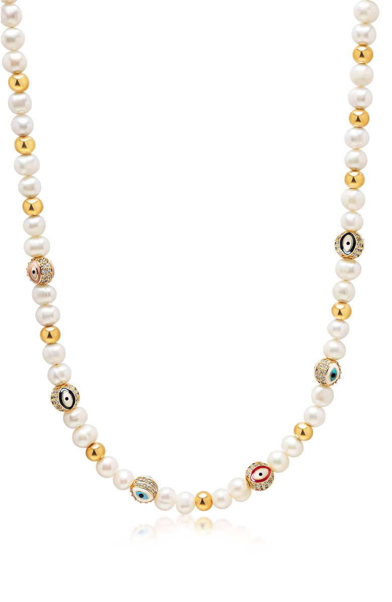 Nialaya Evil Eye Pearl Necklace, Main, color, White/Multicolor