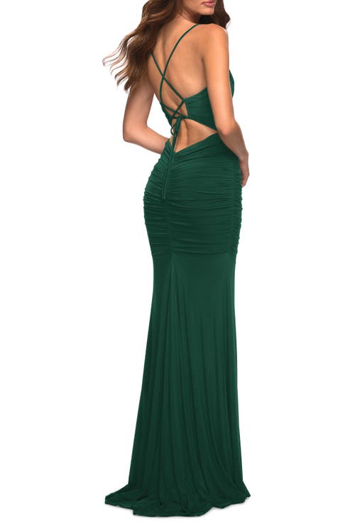 La Femme Long Jersey Dress With Sheer Corset Bodice In Emerald