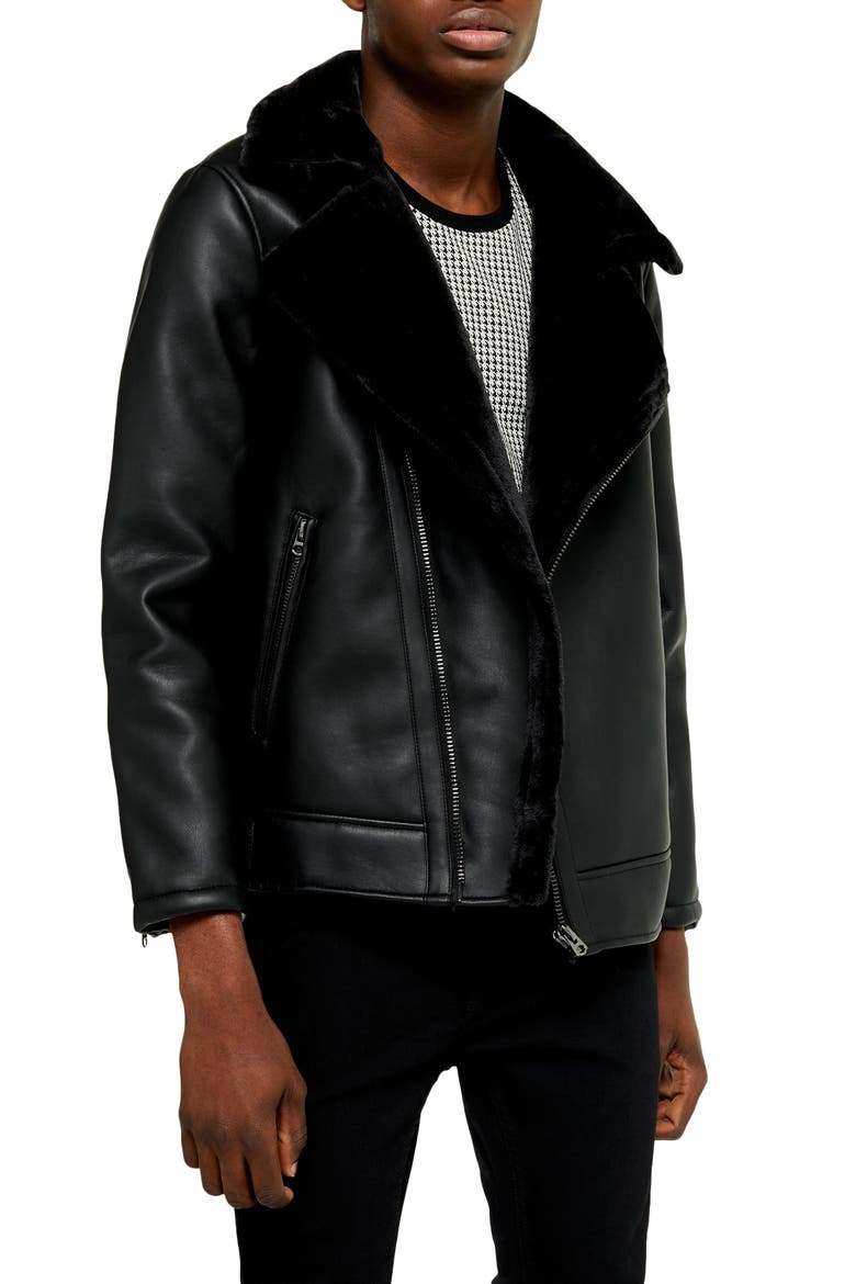 Faux Shearling Trim Faux Leather Biker Jacket, Main, color, BLACK