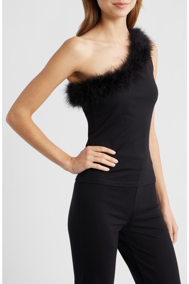 Xplumi Feather Trim One-Shoulder Top, Alternate, color, BLACK