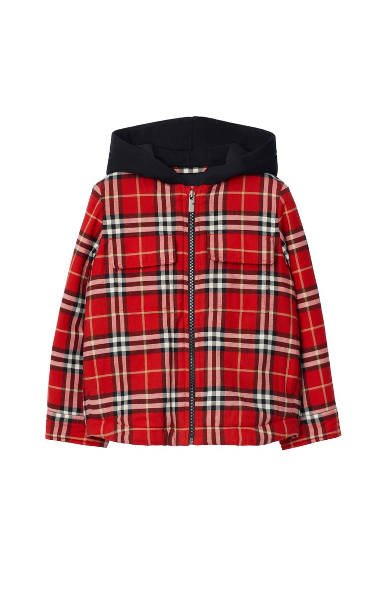 Burberry Check Cotton Hooded Jacket, Main, color, Poppy Red