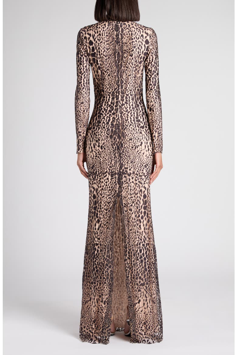 Leopard Print Long Sleeve Lace Gown, Alternate, color, XKBDP BROWN/ ANTIQUE PINK