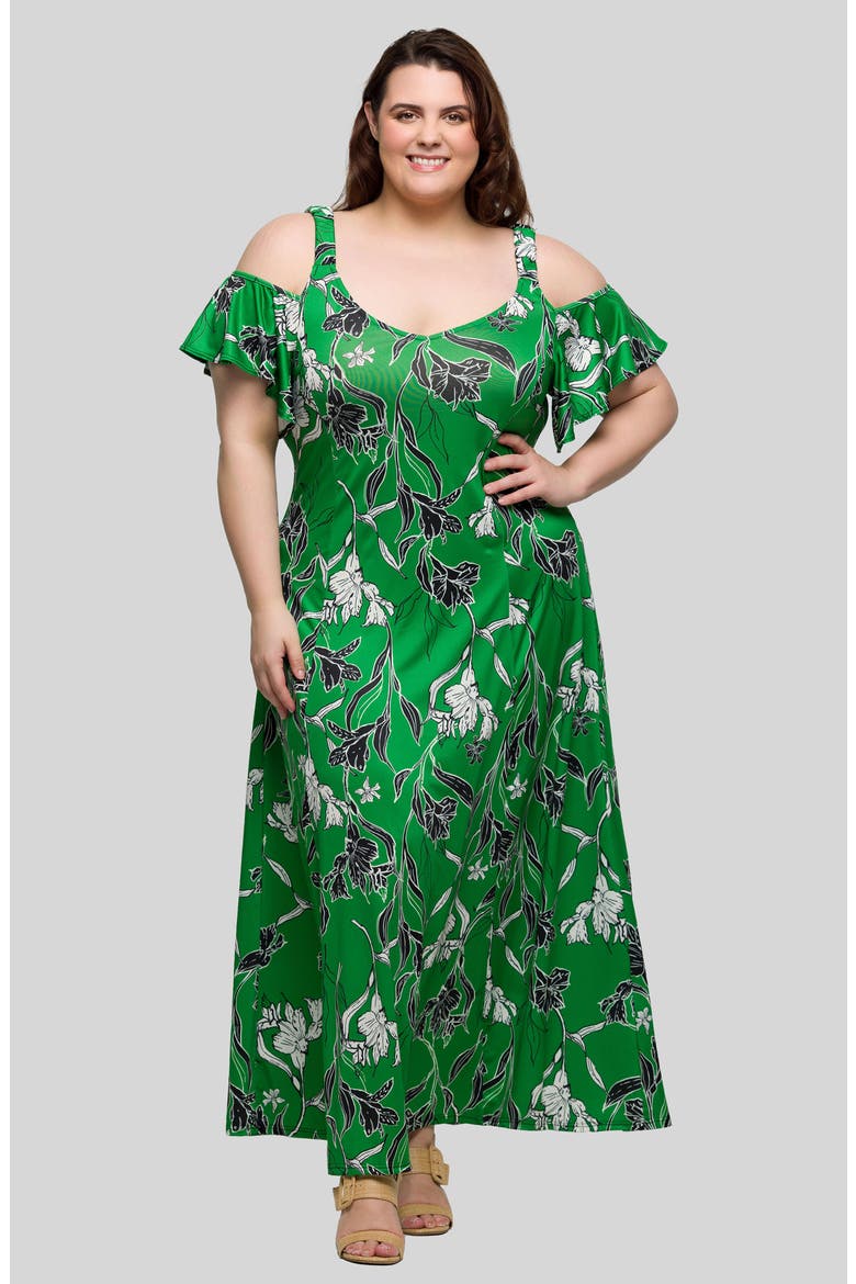 Printed Cold Shoulder Jersey Maxi Dress, Alternate, color, GREEN MULTI