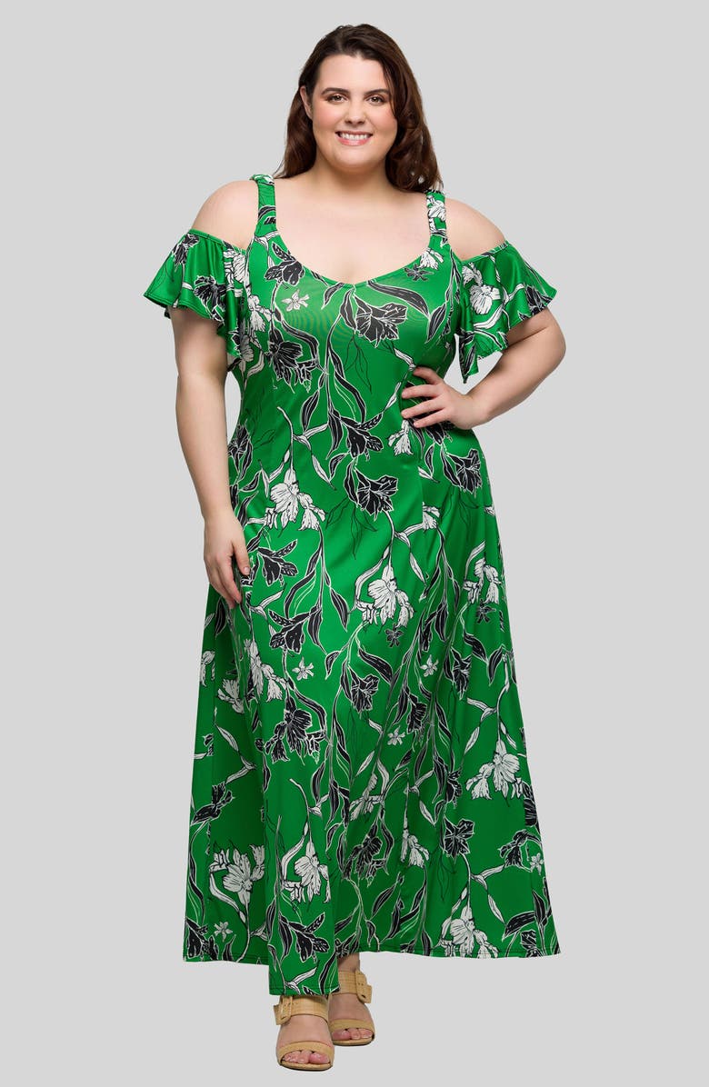 24seven Comfort Apparel Printed Cold Shoulder Jersey Maxi Dress, Alternate, color, Green Multi