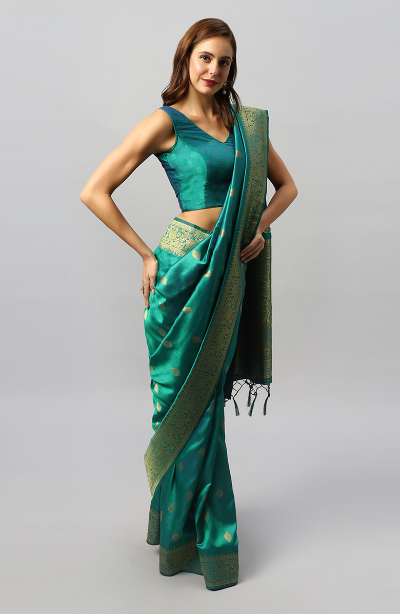 One Minute Saree<sup>®</sup> Yara Green Moss Weave Art Silk Pre-Draped Ready to Wear Sari, Alternate, color, 