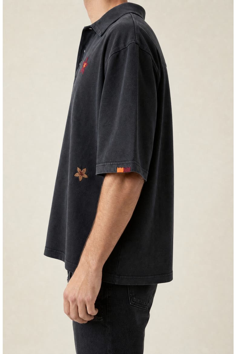 Relaxed Fit Floral Embroidered Polo Shirt with Washed Finish, Alternate, color, Black