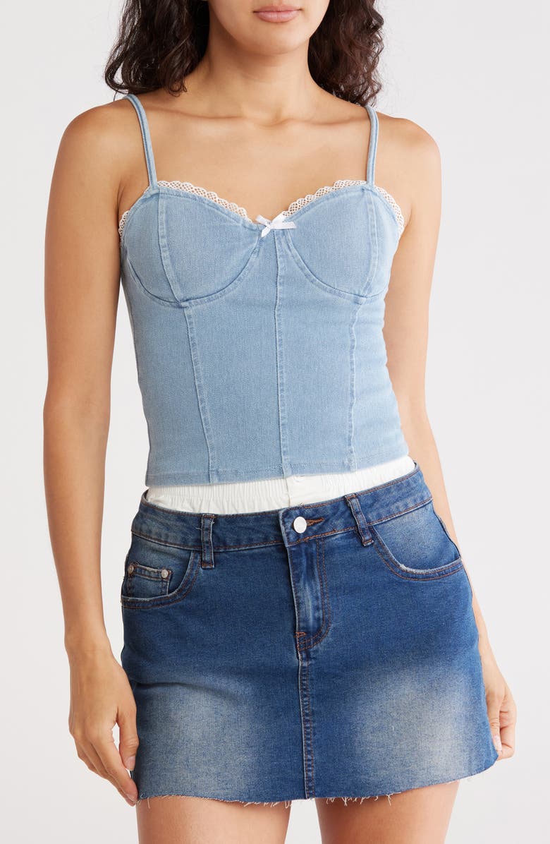 Madden Girl Denim Corset Top, Main, color, 