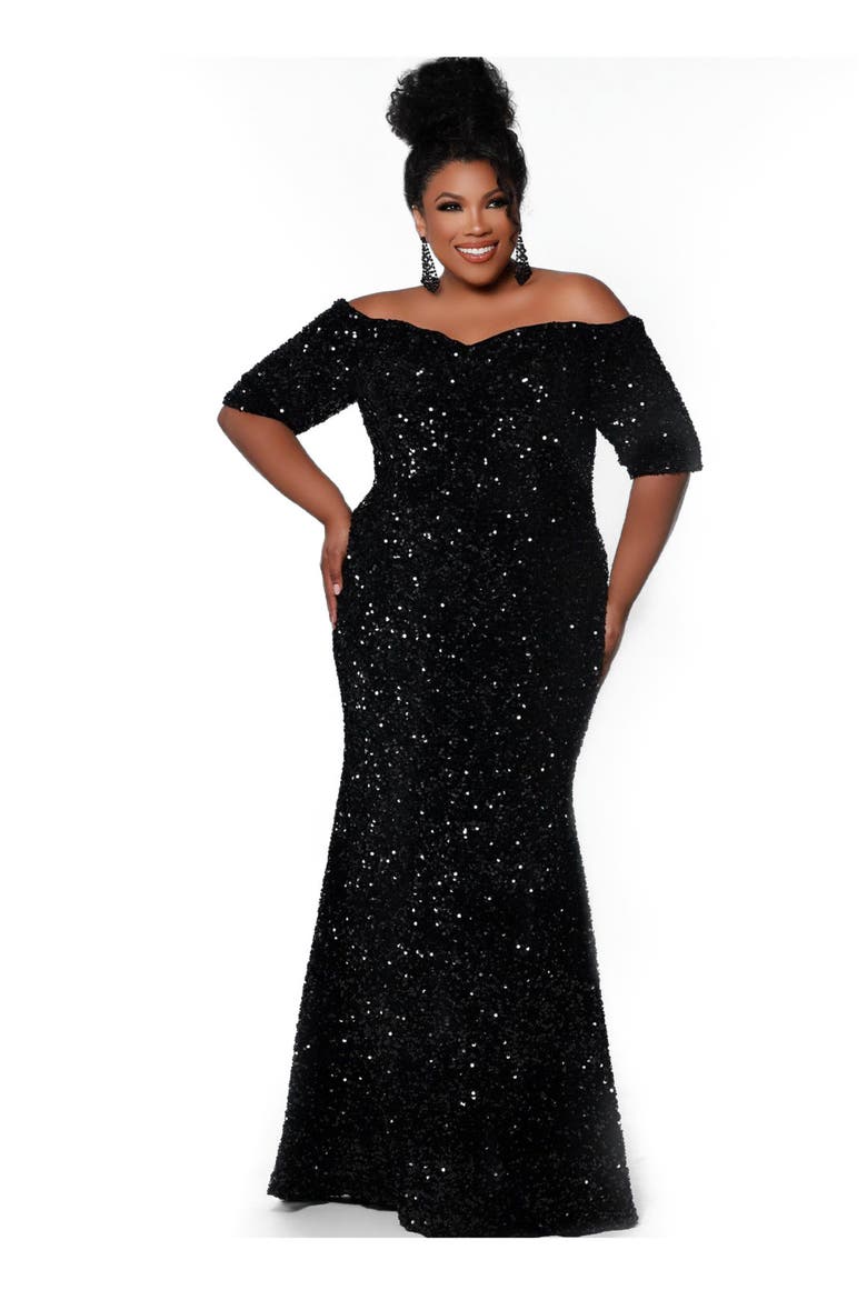 Velvet Sequin Short Sleeve Plus Size Evening Gown, Alternate, color, Onyx