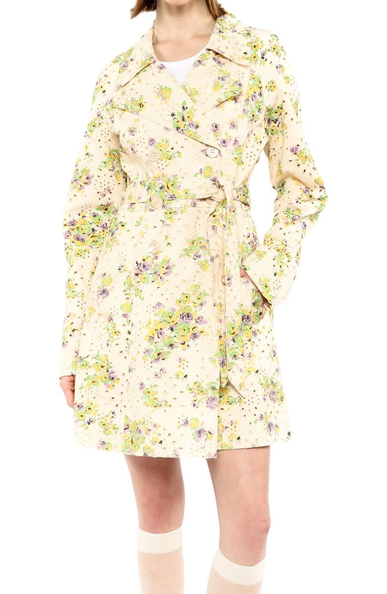 Anna Sui Rosies Posies Eyelet Trench Coat, Main, color, Lavender Multi