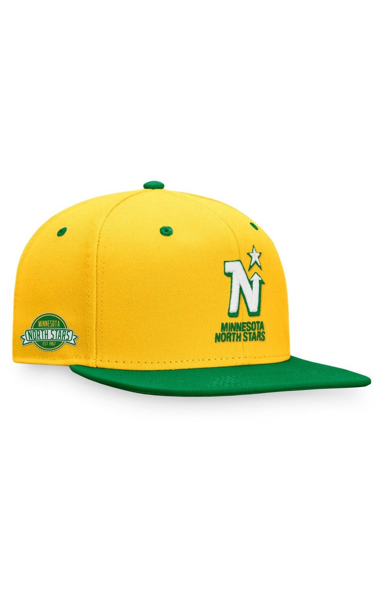 FANATICS Men's Fanatics Branded Gold/Kelly Green Minnesota North Stars Iconic Heritage Two-Tone Panel Fitted Hat, Main, color, 