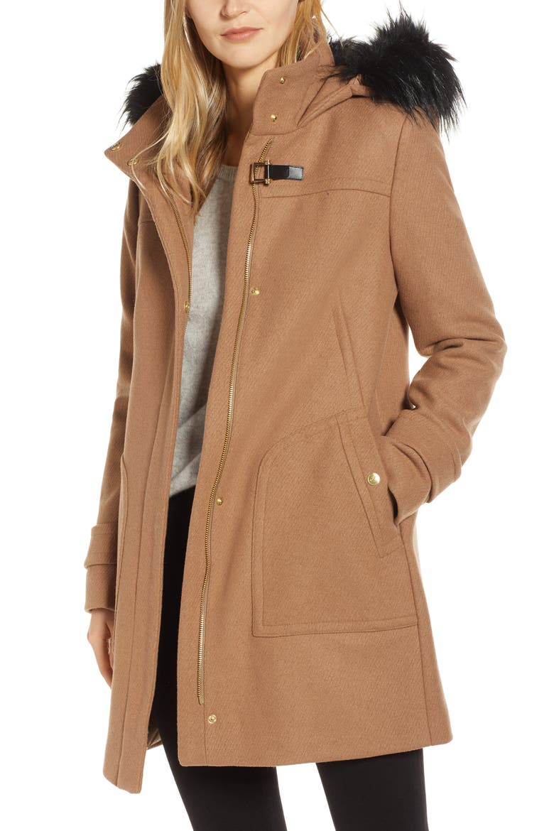 Wool Blend Twill Duffle Jacket with Faux Fur Trim, Main, color, CAMEL