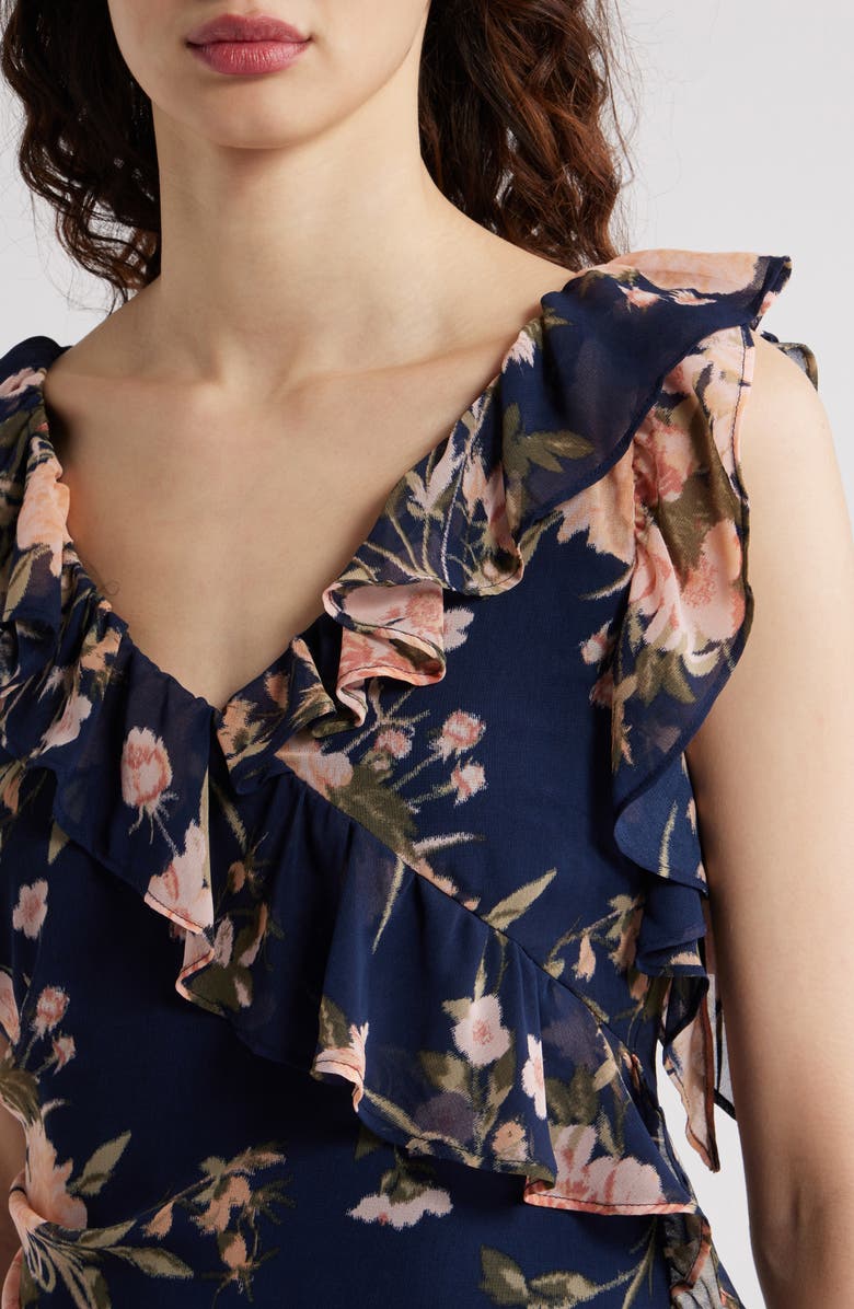 Chelsea28 Cap Sleeve Cascading Ruffle Gown, Alternate, color, Navy League Romantic Blooms