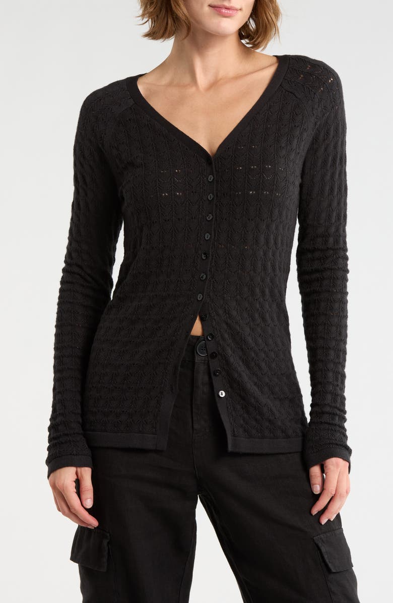 Sanctuary Pointelle Stitch Raglan Sleeve Cardigan, Main, color, Black