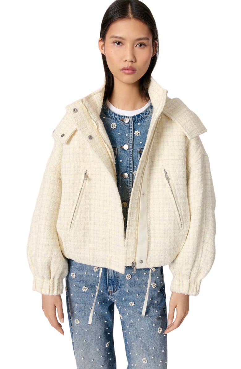 maje Tweed down jacket, Alternate, color, Ecru