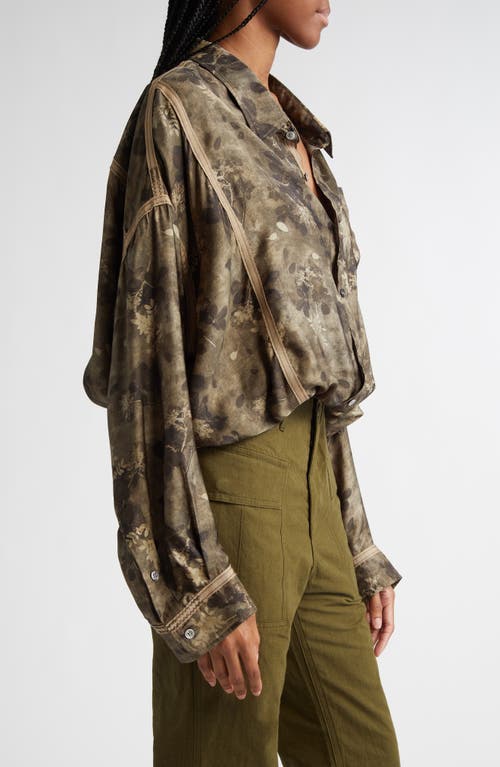 R13 Floral Tapped Crossover Bubble Hem Button-up Shirt In Olive Floral