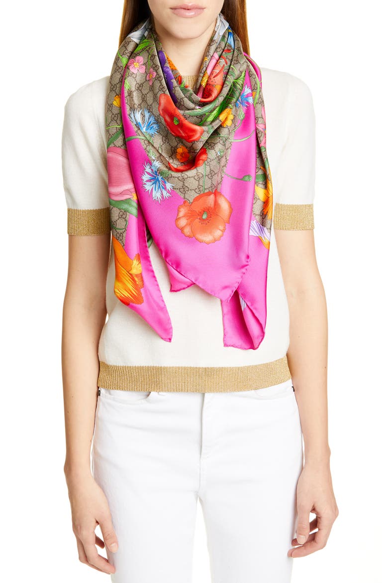 Big Flora Fluorescent Silk Scarf, Alternate, color, BEIGE/ PINK
