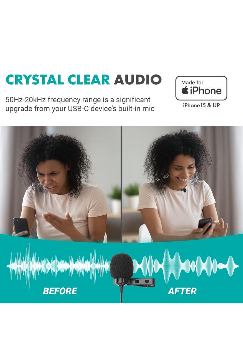 USB-C Wired Omnidirectional Lavalier Clip On Microphone for iPhone 15, Alternate, color, Black