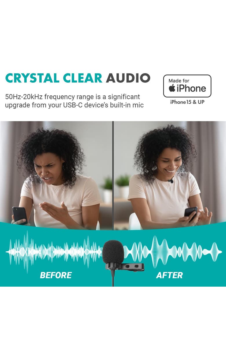 MOVO USB-C Wired Omnidirectional Lavalier Clip On Microphone for iPhone 15, Alternate, color, Black