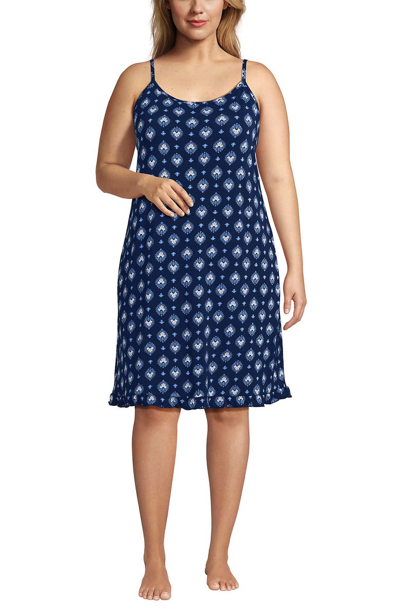 Lands' End Cooling Knee Length Slip Nightgown, Main, color, Deep Sea Navy Large Foulard