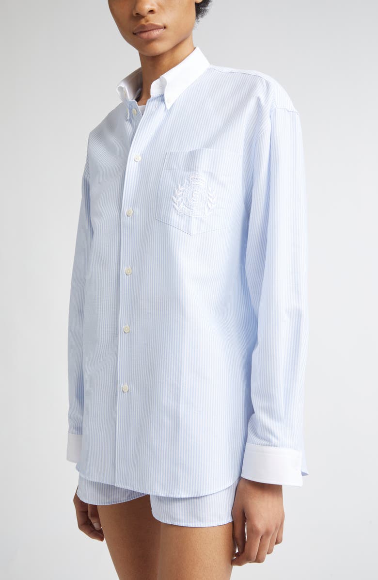 Sporty & Rich H&W Crest Oversize Oxford Button-Down Shirt, Alternate, color, Blue/ White Thin Stripe