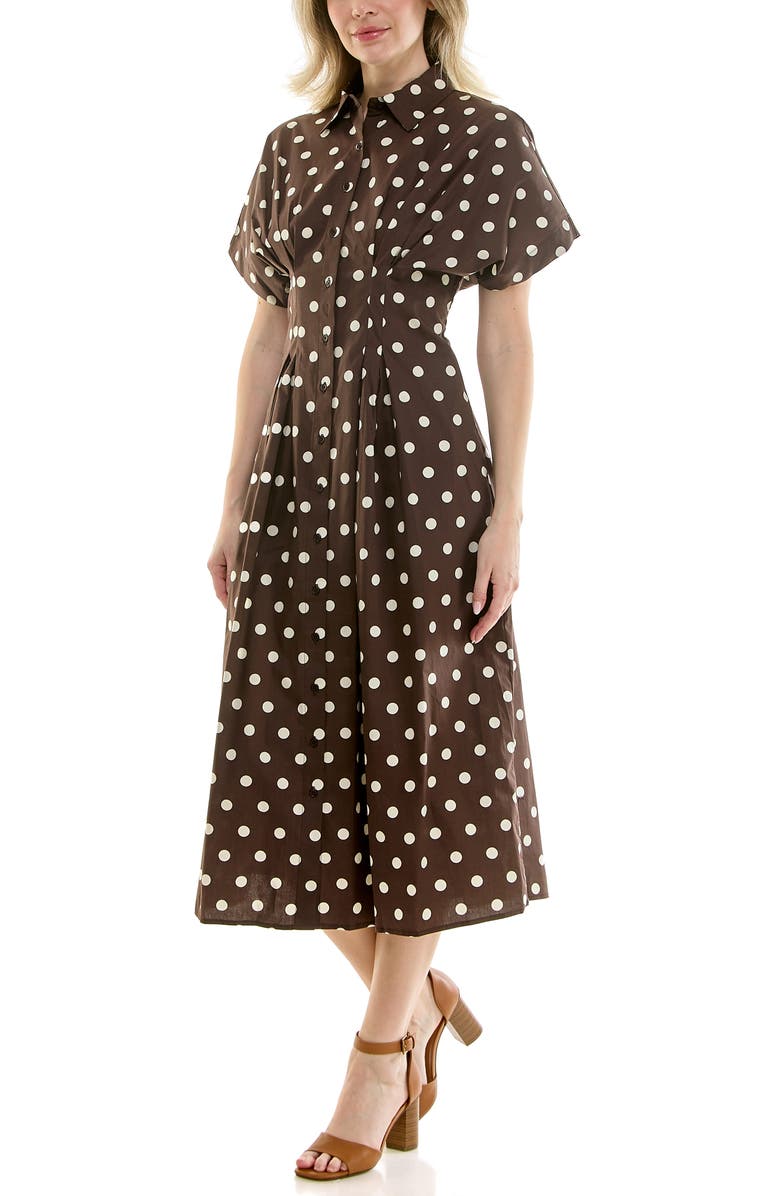 Nicole Miller Polka Dot Pintuck Waist Midi Shirtdress, Alternate, color, Coffee Bean Dot