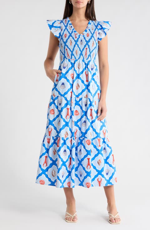 Lobster Bay Sunfire Smocked Cotton Tiered Maxi Dress