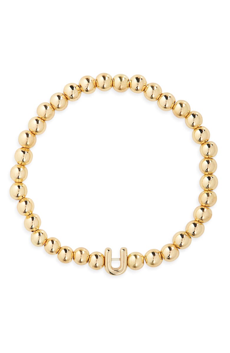BaubleBar Pisa Initial Beaded Stretch Bracelet, Main, color, Gold U
