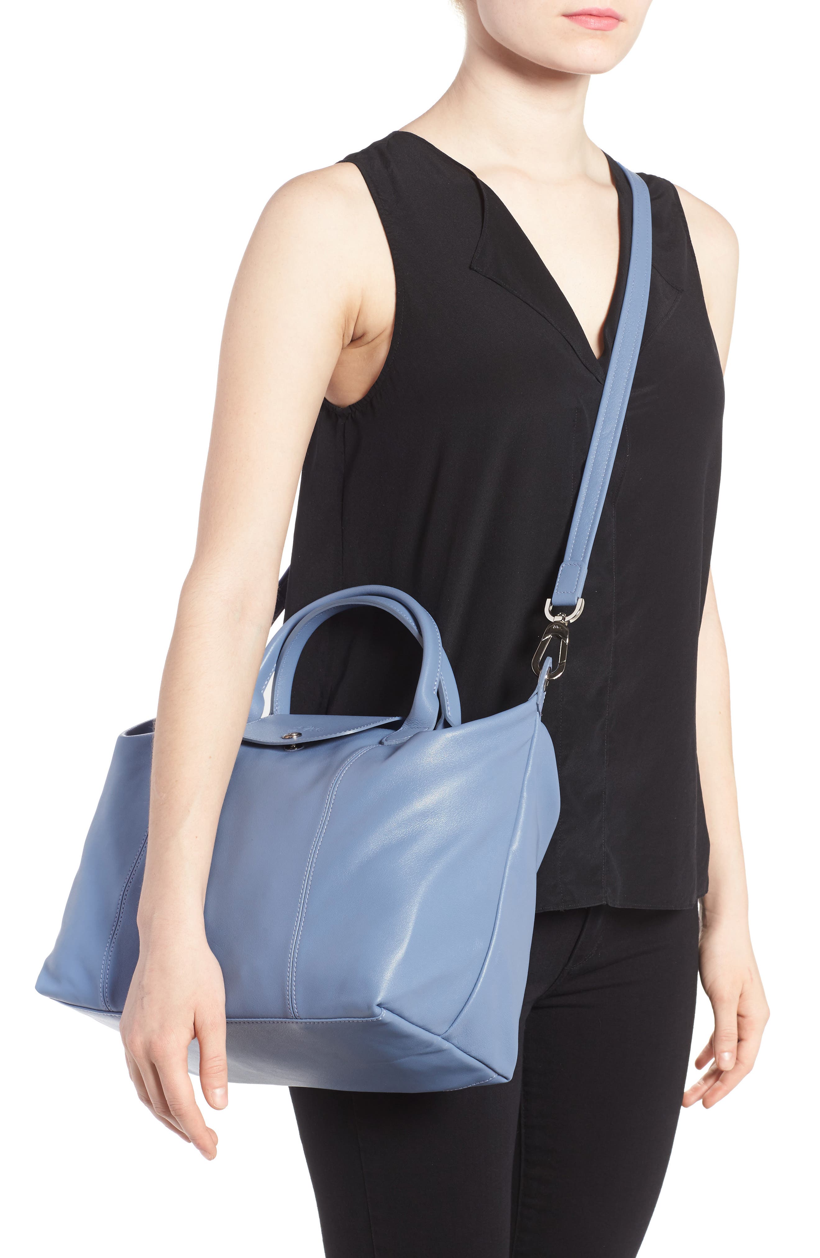 Le Pliage Cuir Leather Shoulder Bag, Alternate, color, BLUE MIST
