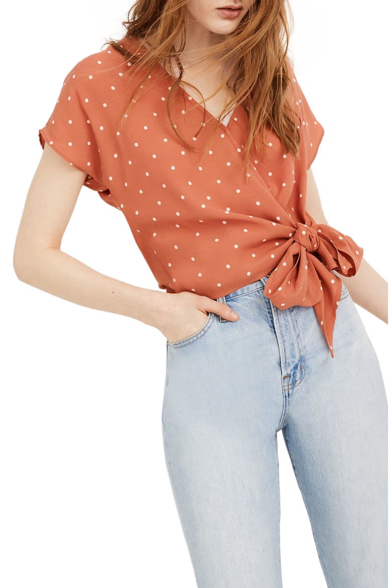 Polka Dot Sash Tie Wrap Top, Main, color, POLKA DOT SWEET DAHLIA