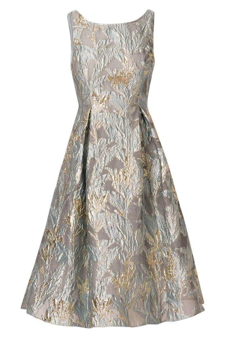 Metallic Leaf Jacquard Fit & Flare Cocktail Dress, Alternate, color, SLATE