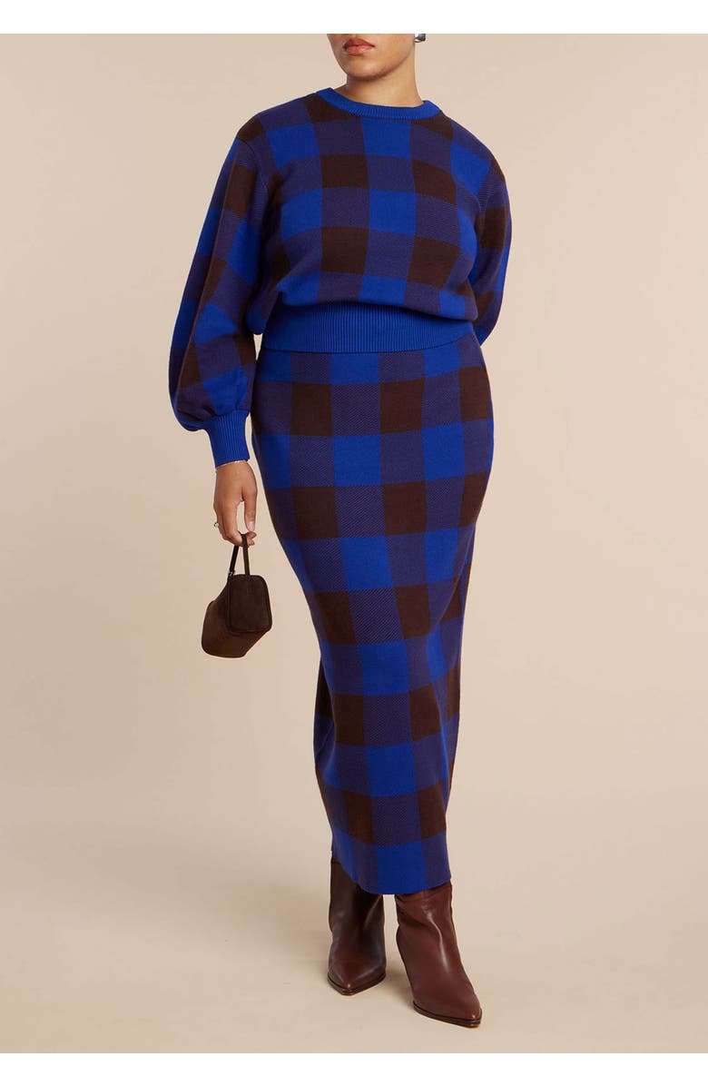 ELOQUII Intarsia Puff Sleeve Sweater, Alternate, color, Cobalt And Coffee