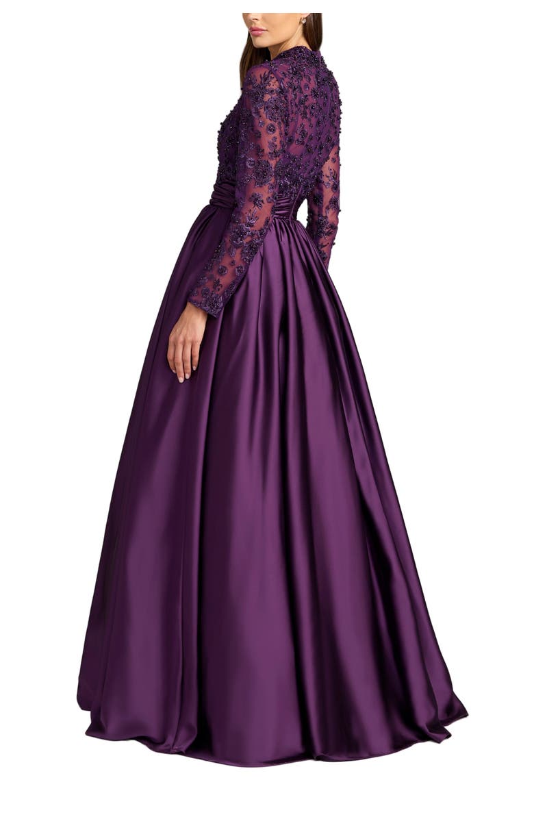 Mac Duggal Embroidered Long Sleeve Satin Ball Gown, Alternate, color, Aubergine