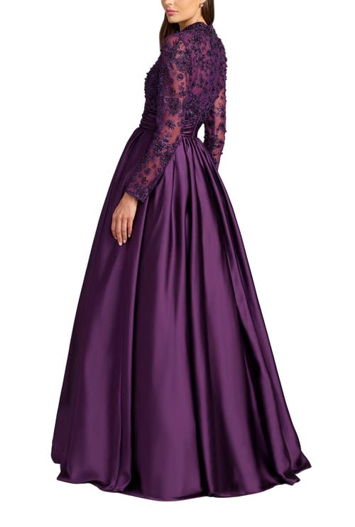 Mac Duggal Embroidered Long Sleeve Satin Ball Gown In Purple