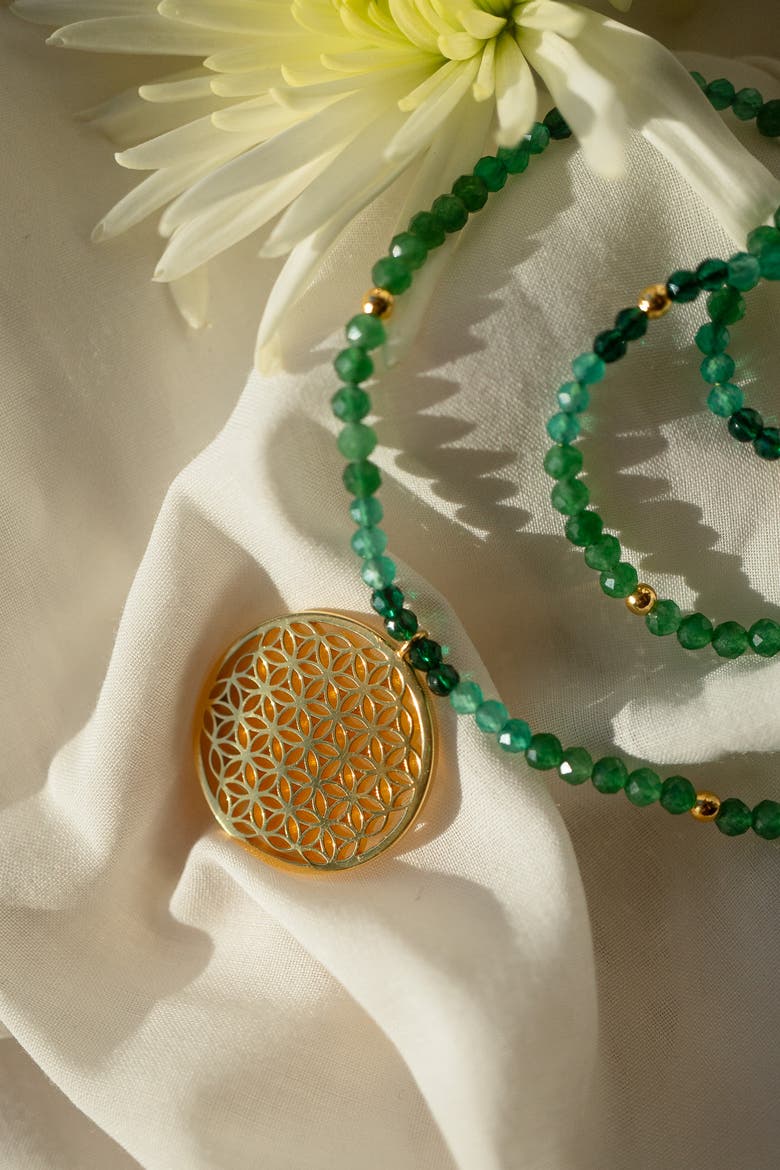 Flower of Life Necklace for Joy & Prosperity with Green Aventurine, Spinel & Chrysoprase in 18K Gold, Alternate, color, Gold
