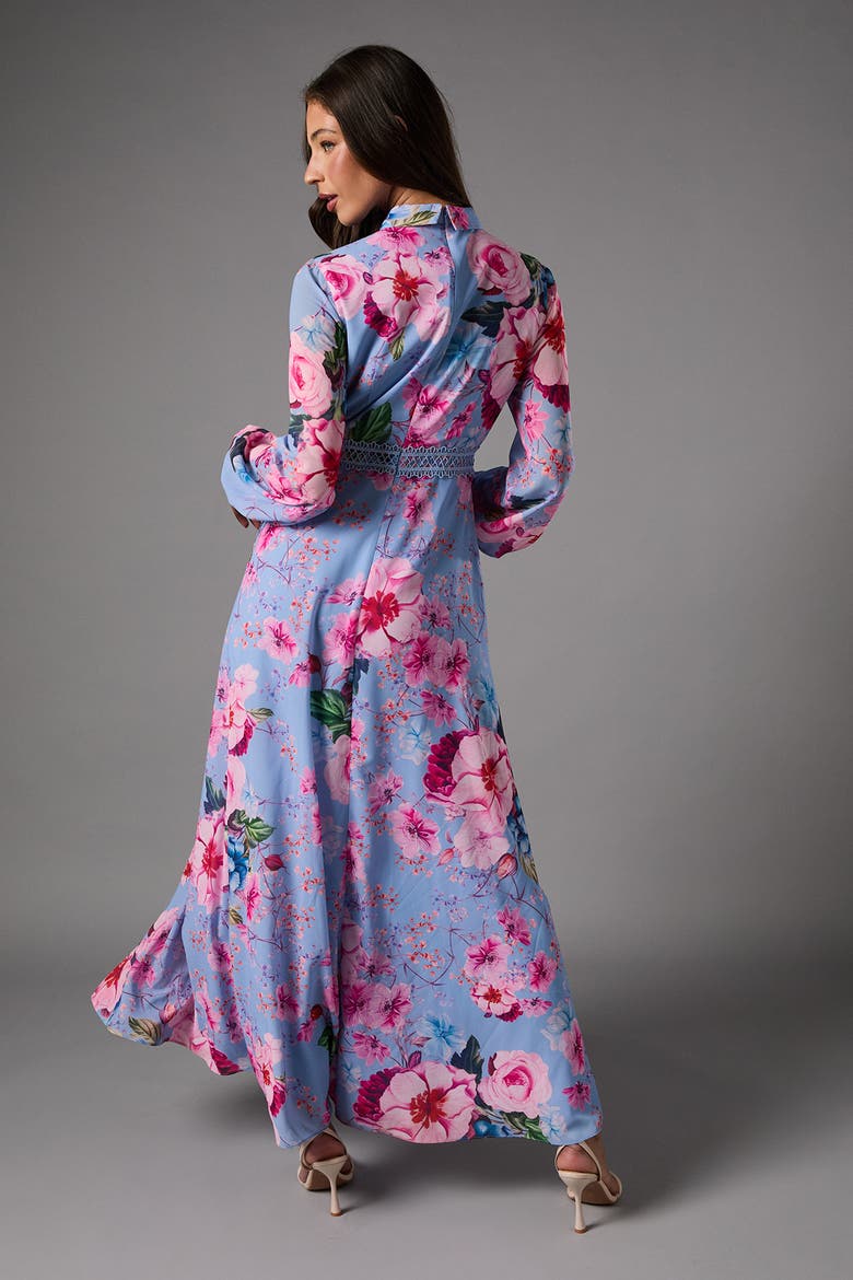 Pleated Lace Trim Long Sleeve Midi Dress, Alternate, color, Blue