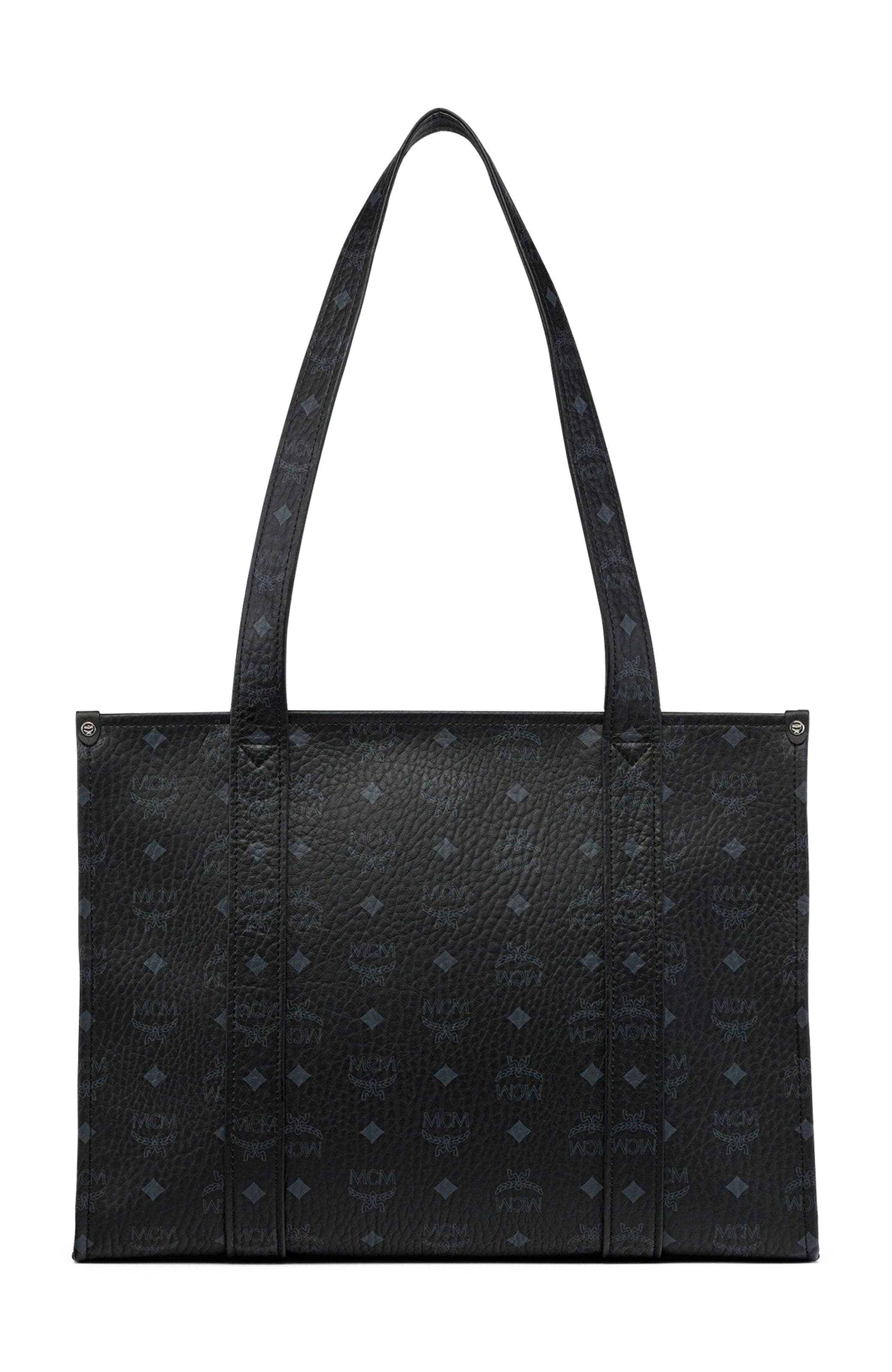 MCM Small Aren School Bag Tote in Visetos, Alternate, color, Black