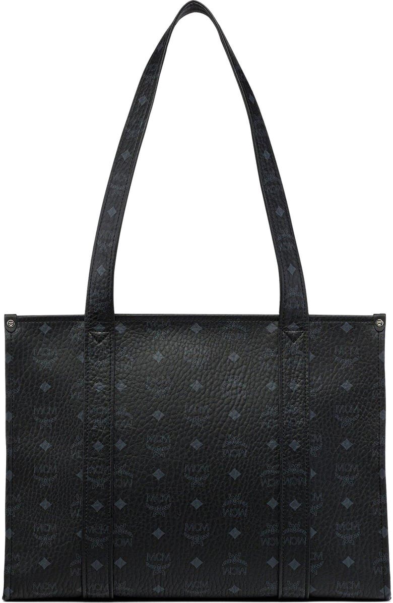 MCM Small Aren School Bag Tote in Visetos, Alternate, color, Black