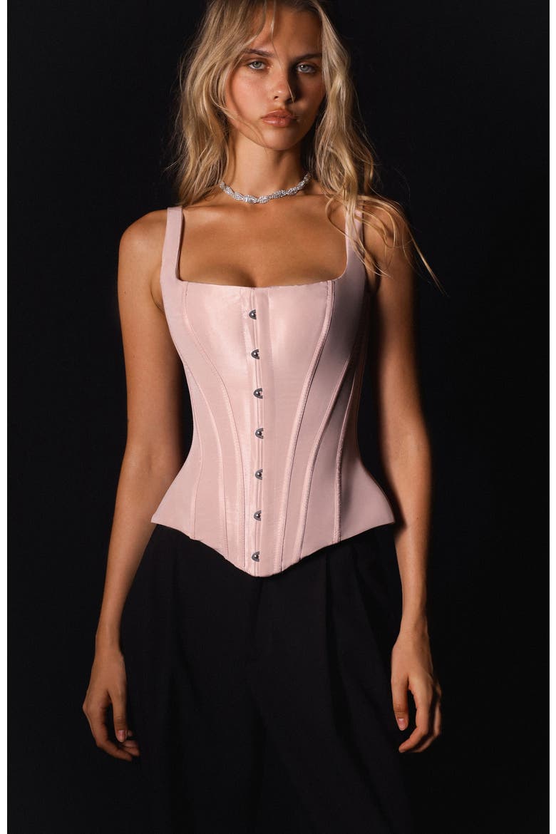 Structured Low Waist Taffeta Corset in Pink for Cocktail Events, Alternate, color, Pink