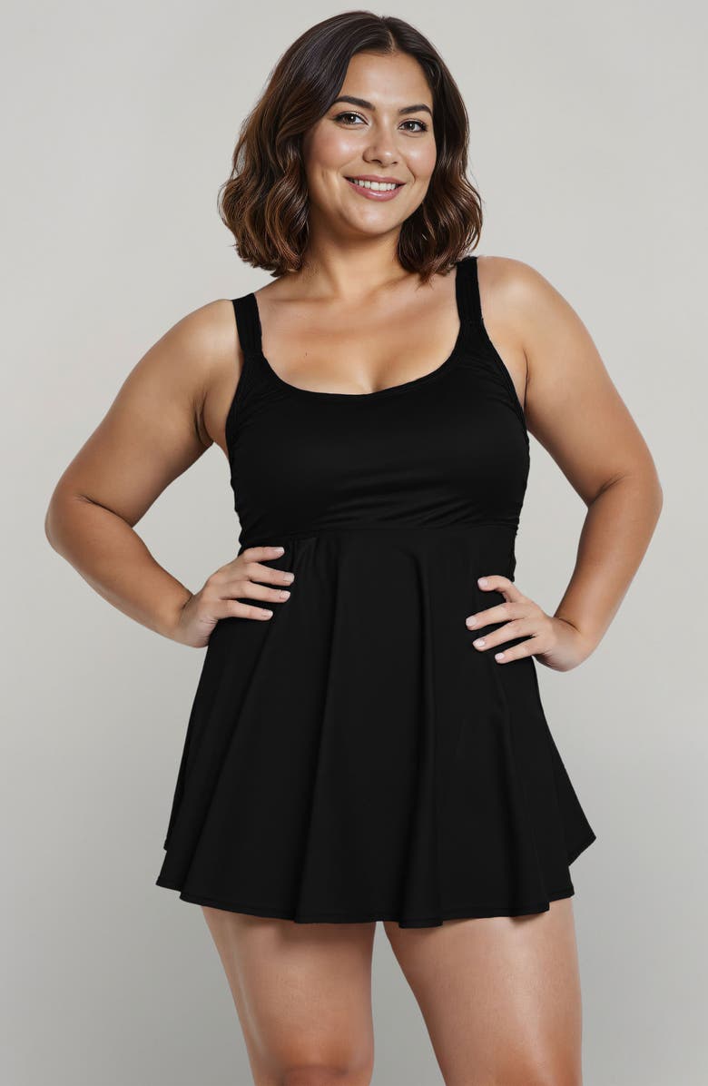 Calypsa Plus Size Amber Flared Tankini Swim Top With Adjustable Straps and Removable Cups, Main, color, Black