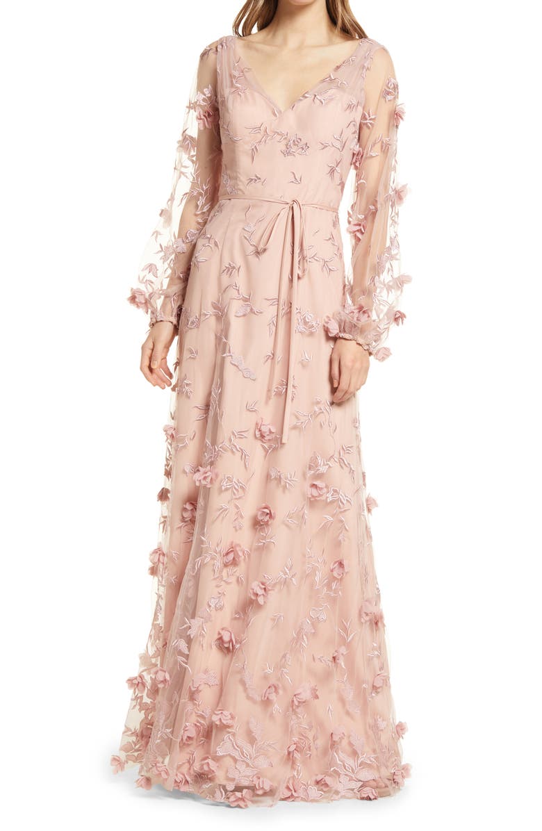 Marchesa Notte Embroidered Floral Appliqué Illusion Long Sleeve Sleeve Gown, Main, color,
