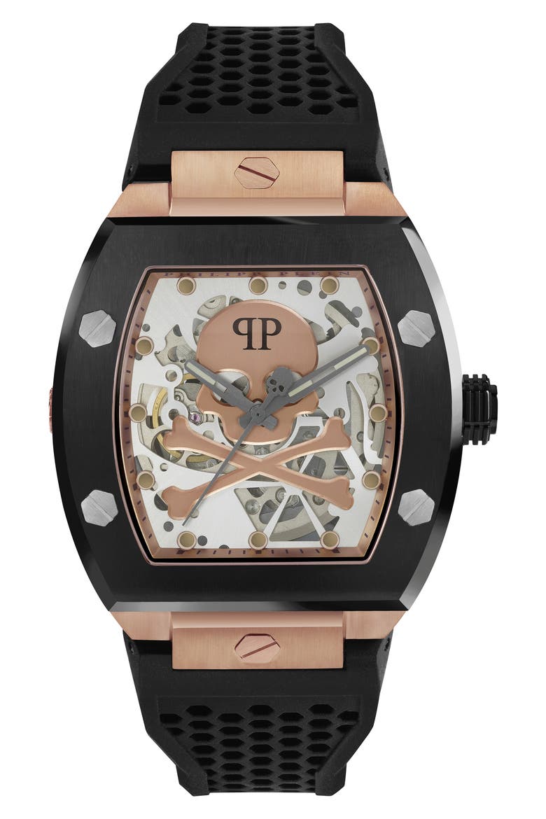 The $keleton Silicone Strap Watch, 44mm, Main, color, ROSE GOLD/ BLACK