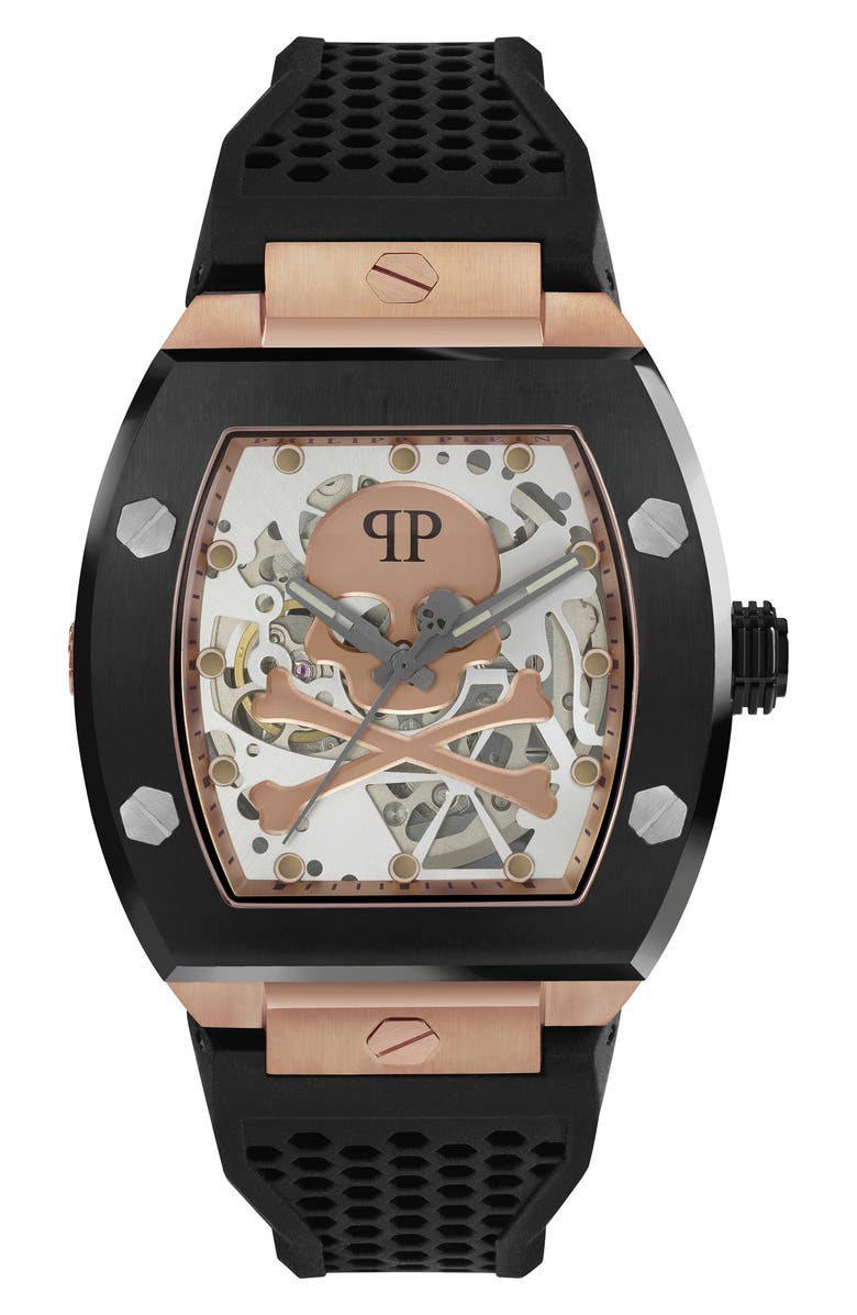 PHILIPP PLEIN The $keleton Silicone Strap Watch, 44mm, Main, color, Rose Gold/ Black